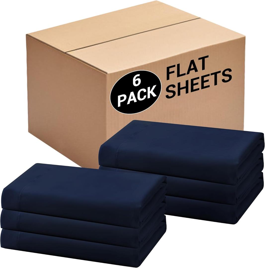 Bulk Full Flat Sheets Only, 6 Pack Quick Sort Top Bed Sheet, Color-Coded Label Threads, Wrinkle-Free Shrinkage Durable Microfiber Hotel Motel Airb&bs Essentials for Hosts (81"x96", Navy Blue)