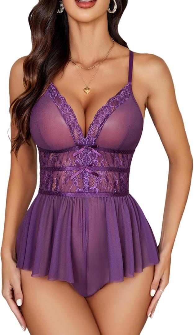 Avidlove Lingerie for Women One Piece Teddy Lace Bodysuit Sexy Babydoll V Neck Mesh Sleepwear (Purple, XXL)
