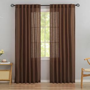 Cocoa Brown Linen Back Tab Curtains - 90 Inch Long, 2 Panel Set for Dining Cottage - Soft, Light Weight, Airy, Semi Privacy Sheer Curtains With Hooks, Pocket, Light Filtering