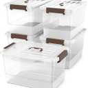 Clear 5 Packs Plastic Storage Bins with Latching Lids Large Stackable Storage Containers for Organizing Storage Box for Garage, Closet, Classroom, Kitchen.17 QT