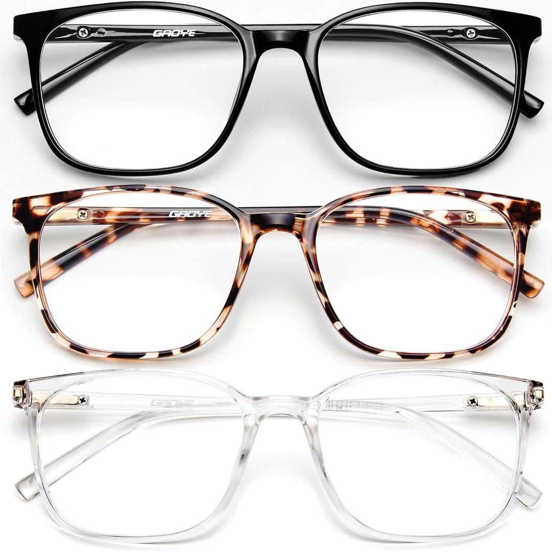 Gaoye Blue Light Blocking Glasses Women/Men, Computer Gaming Fake Eyeglasses Anti UV Ray-Spring Hinge (3 Pack, Light Black & Leopard & Transparent)