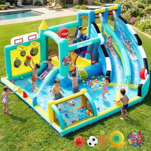 FINCOME Bounce House Double Slides for Kids 3-10, Large Bounce Castle with Air Blower 550W, Pool, Jumping, Climbing, Balls, Ring Toss, Inflatable Water Park for Birthday Party Holiday Outdoor Indoor