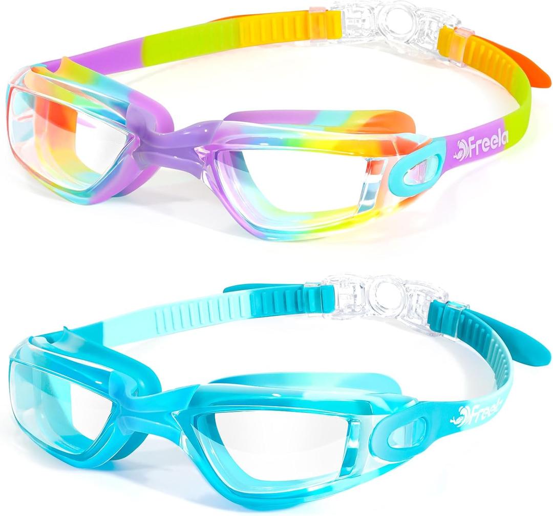 Freela Kids Swim Goggles, 2 Packs Swimming Goggles for Kids 3-14, Boys Girls Swim Goggles Anti Fog UV Protection No Leaking (Rainbow Coast & Blue Lagoon)