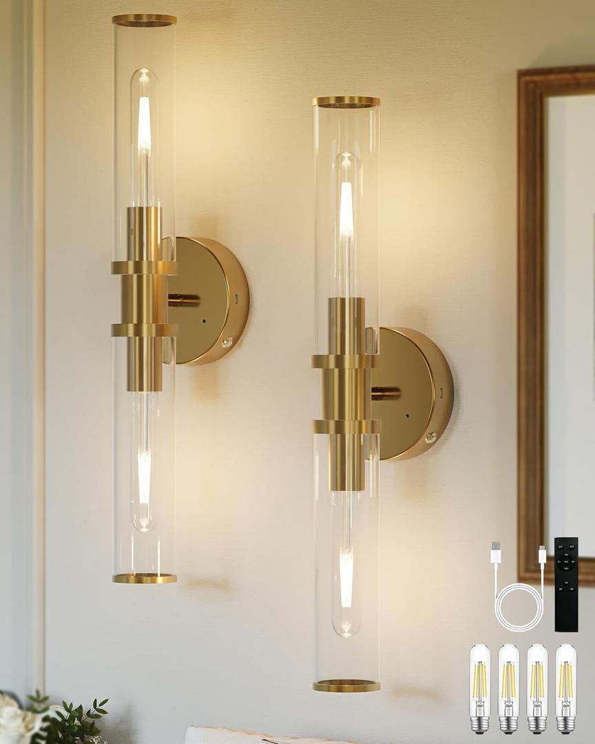 8000mAh Wireless Wall Sconces with Remote Control, Battery Operated Wall Sconce Set of 2 with Timer, Gold Rechargeable Dimmable Wall Lights for Living Room Bedroom Hallway Entryway 3000K, 20.5 Inch, 2 Pack
