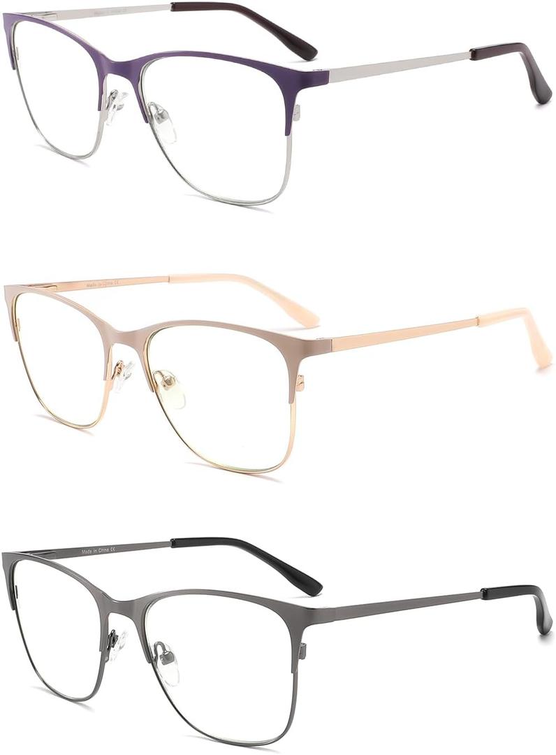 DONGDI Stylish Blue Light Blocking Reading Glasses Spring Hinge Oversize Metal Frame Women Lightweight Computer Readers (3 Mix Colour)