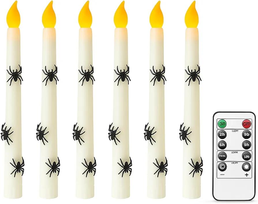 Baquler Halloween 3D Spider LED Taper Candles, 6 Packs Real Wax Flameless Taper Candles Battery Operated with Remote, Spooky Candlesticks for Halloween Decoration, Batteries Not Included (0.7" x 11")