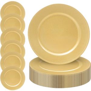 MAONAME 13" Gold Charger Plates Set of 50, Round Charger for Dinner Plates, Plate Chargers with Beaded Rim, Plastic Table Chargers for Wedding, Party, Large