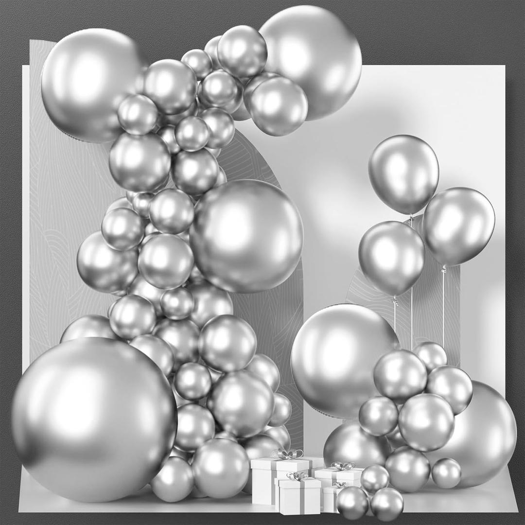 PartyWoo Metallic Silver Balloons 100 pcs Different Sizes Pack of 36 18 12 10 5 Inch Chrome Silver Balloon Arch Kit Garland for Graduation New Year Wedding Birthday Party Decorations Silver-G102