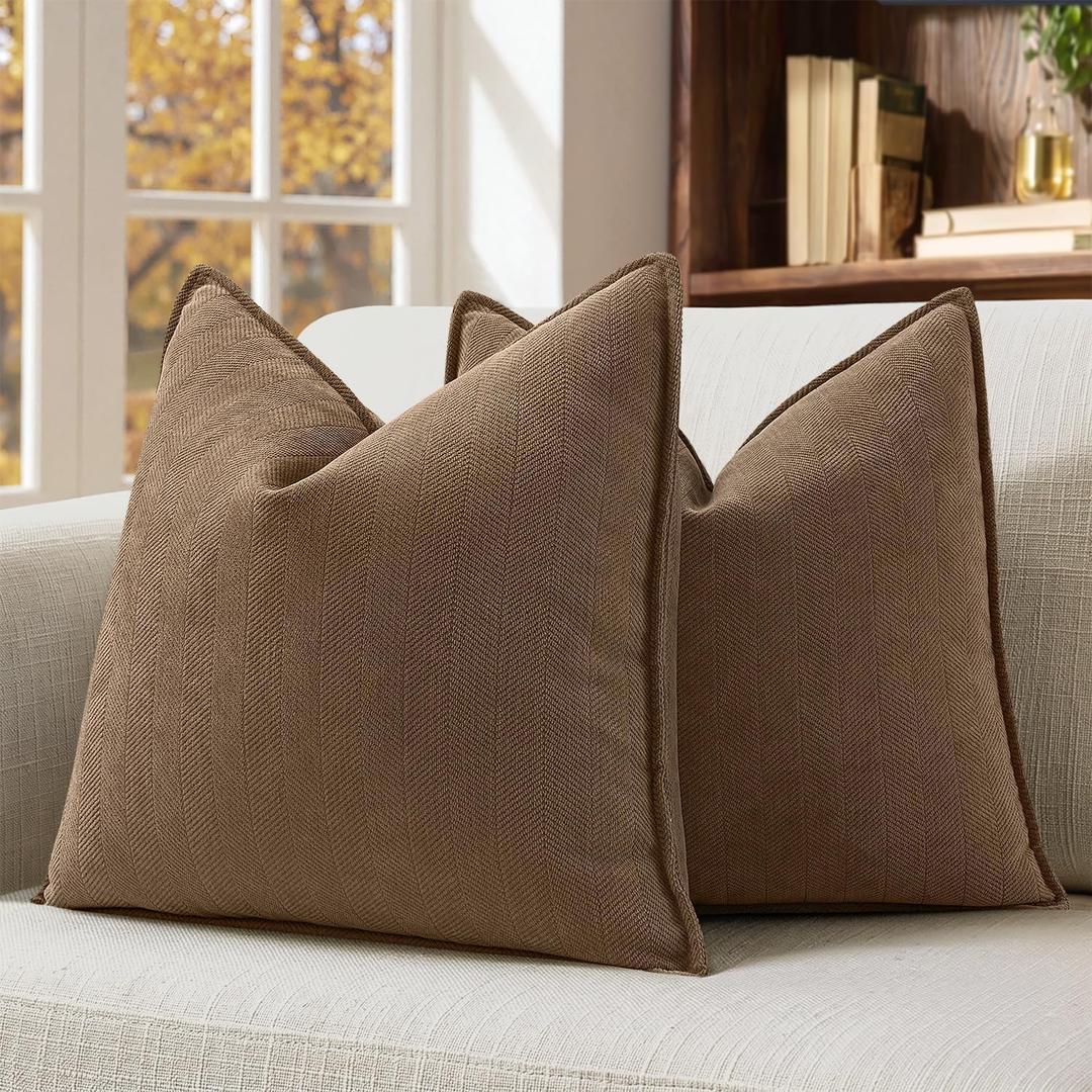 MIULEE Pack of 2 Dark Brwon Decorative Pillow Covers 18x18 Inch Soft Chenille Luxurious Couch Throw Pillows Farmhouse Cushion Covers with Elegant Design for Sofa Bedroom Living Room Home Decor