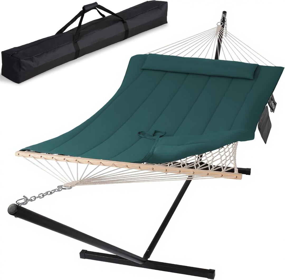 SUNCREAT Hammocks Two Person Hammock with 12ft Stand Included, Max 475lbs Capacity, Heavy Duty Free Standing Hammock, Dark Green