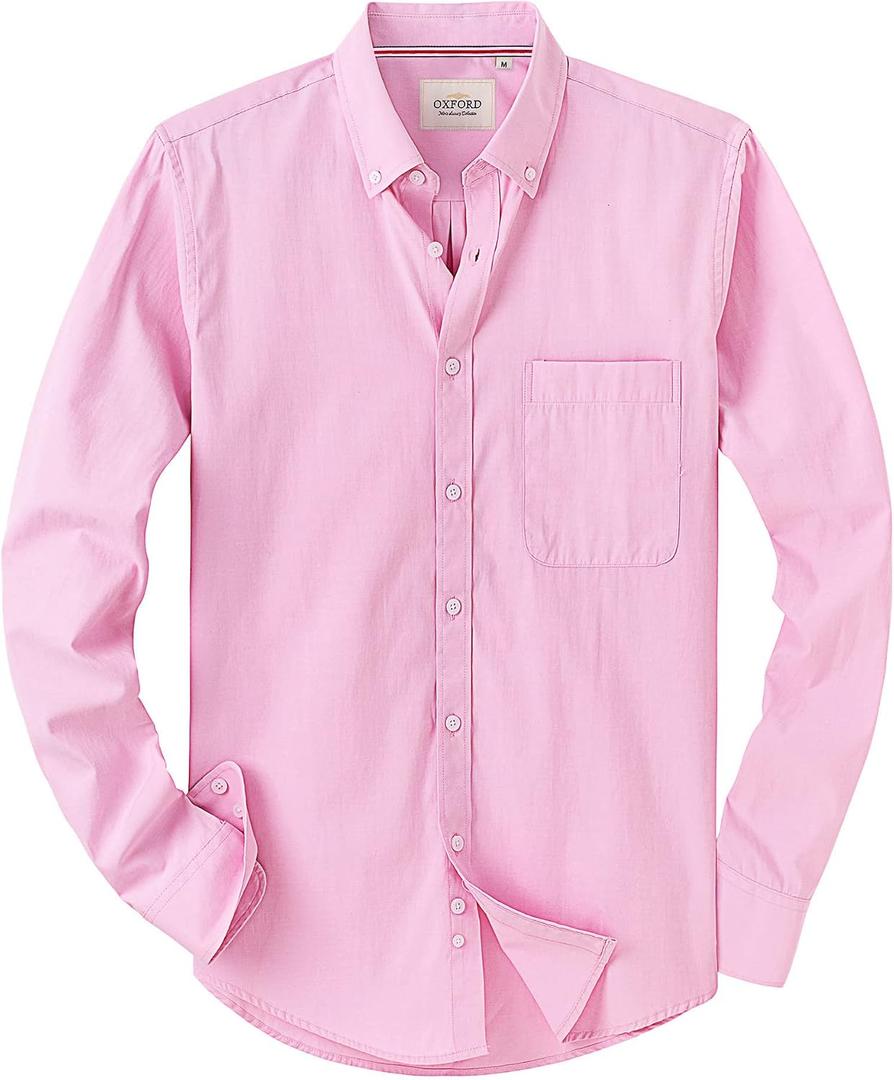 Alimens & Gentle Mens Solid Oxford Shirt Long Sleeve Dress Shirt Work Casual Button Down Shirts with Pocket (Pink), M