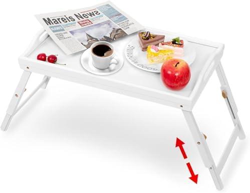 Mayyol Large Breakfast Bed Tray for Eating - Height Adjustable Raised Food Table - Bamboo Serving Tray on Lap Sofa - Portable Snack Platter with Folding Legs Ideal for Bedroom Picnic - White