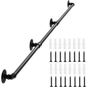 Handrail for Indoor Stairs - 14 Feet Wall Mount Industrial Iron Pipe - Metal Railing Non-Slip Grab Bar - Stairs Porch Deck Hand Rail Matte Black