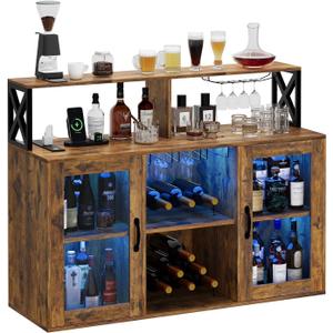 Wine Bar Cabinet with Wine Rack Glass Holder Kitchen Coffee Cabinet, Sideboard Freestanding Liquor Storage with LED Lights for Kitchen Living Room, Office,Dining Room (Brown)