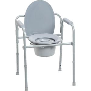 Drive Medical Folding Steel Bedside Commode Chair - 3-in-1 Portable Toilet - Adjustable Height - 350 Lb Weight Capacity - 7.5 Qt Bucket - Adult Commode - Grey