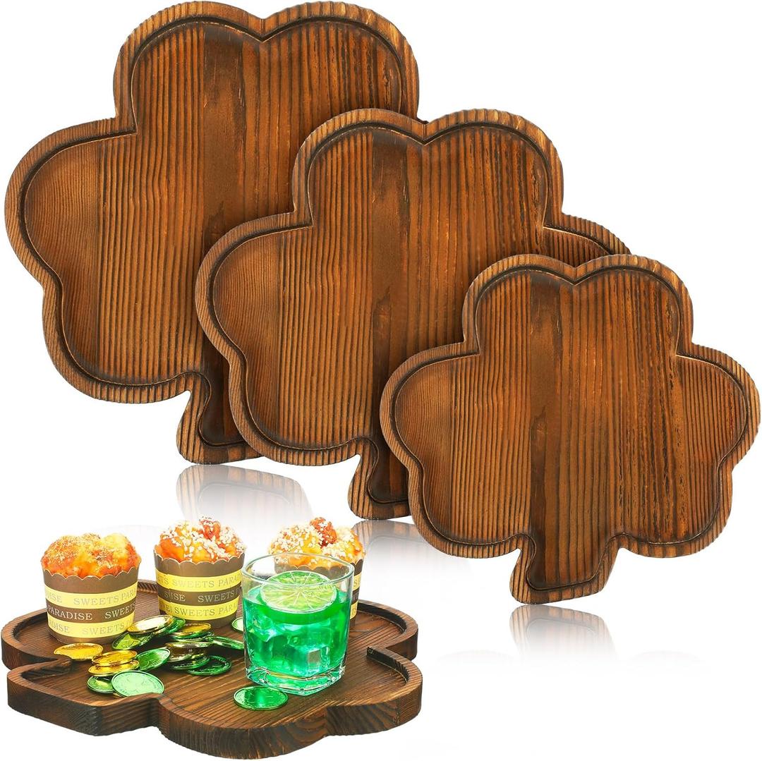 Nitial 3 Pcs St. Patrick's Day Serving Tray Plates Shamrock Shaped Wooden Plates Clover Shaped Dish Organizer Platter for Food Fruit Snack Candy Cookie St. Patrick's Day Home Party