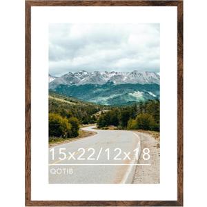 Wood 15x22 Picture Frame with 12x18 Mat, Display 12x18 with Mat or 15x22 Without Mat, Wood 15 by 22 Photo Frame, 15 x 22 Frame for Wall Hanging Display, Deep Brown, 1 Pack
