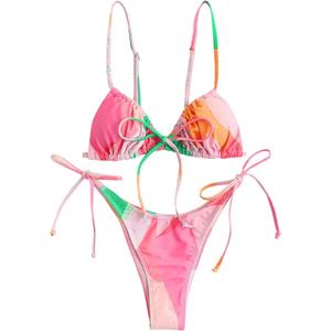 ZAFUL Womens High Cut Thong Bikini Set Swimsuits Cami String Sexy Bathing Suit (Medium, Pink-082)