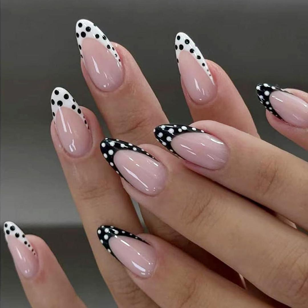 3 x French Tip Press on Nails Short Almond Fake Nails Press ons with Polka Dots Design Polka Dot Nails Glossy Acrylic Full Cover Glue on Nails Reusable Stick on Nails for Women Manicure 24Pcs