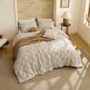 Bedsure Queen Size Comforter Set Beige, Boho Tufted Bed Set, Checkered Farmhouse-Style Distressed Vintage Bedding, 3 Pieces, 1 Plaid Geometric Comforter and 2 Pillow Shams