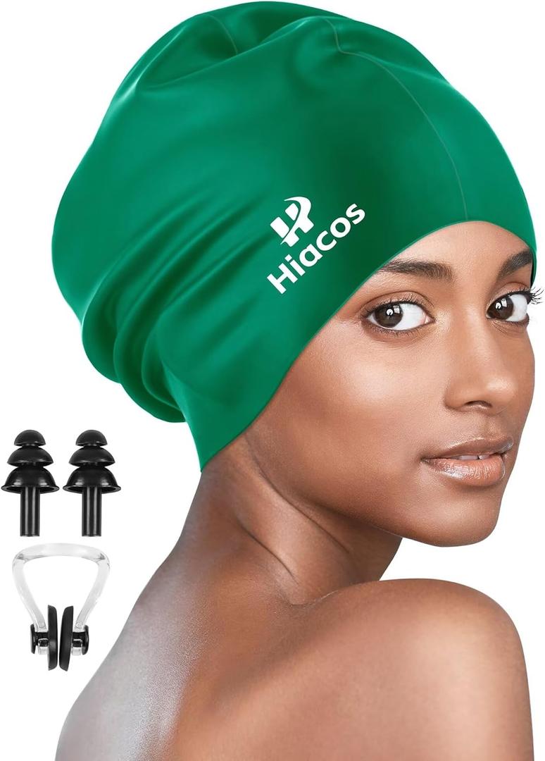 Large Swim Cap for Women Men Adults, Silicone Swimming Cap for Long Hair, Waterproof Swim Hats Bathing Caps to Keep Hair Dry (Dark Green)
