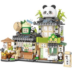 Street View Tea Shop Mini Building Blocks, MOC Creative Building Toys Cute Panda Animals Building Set for Girls 6-12, Simulation Architecture Construction Toy, Gift Idea for Kids Adults (860PCS)