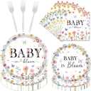 Baby Shower Tableware Decorations - 96 Pcs Floral Baby in Bloom Baby Shower Plates Napkins Forks Decor, Spring Wildflower Flower Party Dinnerware Set Supplies for Girls Gender Reveal Serves 24