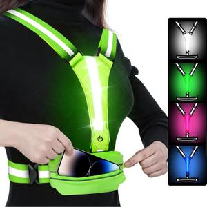 LED Reflective Light Up Safety Running Vest for Biking Walking at Night, LOYAL SEA High Visible Adjustable Running Light for Runners Rechargeable with Pouch, Reflective Running Belt Gear for Men Women (Green)