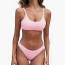 Fanuerg Women's Ribbed Bikini Sets Scoop Neck Cheeky Swimsuit Textured Two Piece Bathing Suit XS Light Pink