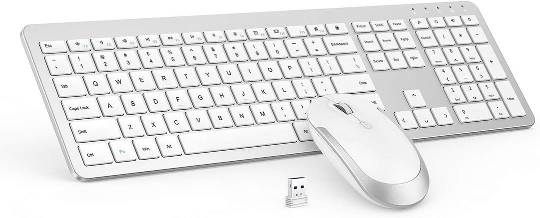 Wireless Keyboard and Mouse Combo - Full Size Slim Thin Wireless Keyboard Mouse with Numeric Keypad 2.4G Stable Connection Adjustable DPI (White & Silver) (Silver and White)