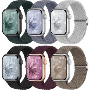 6 Pack Braided Stretchy Bands Compatible with Apple Watch Band 38mm 40mm 41mm 42mm 44mm 45mm 46mm 49mm Women Men, Adjustable Nylon Solo Loop Elastic Straps for iWatch Series 11 10 9 8 7 6 5 4 SE Ultra (Deep Green/Blue Gray/Dark Cherry/Titan Gray/Stone/Black)