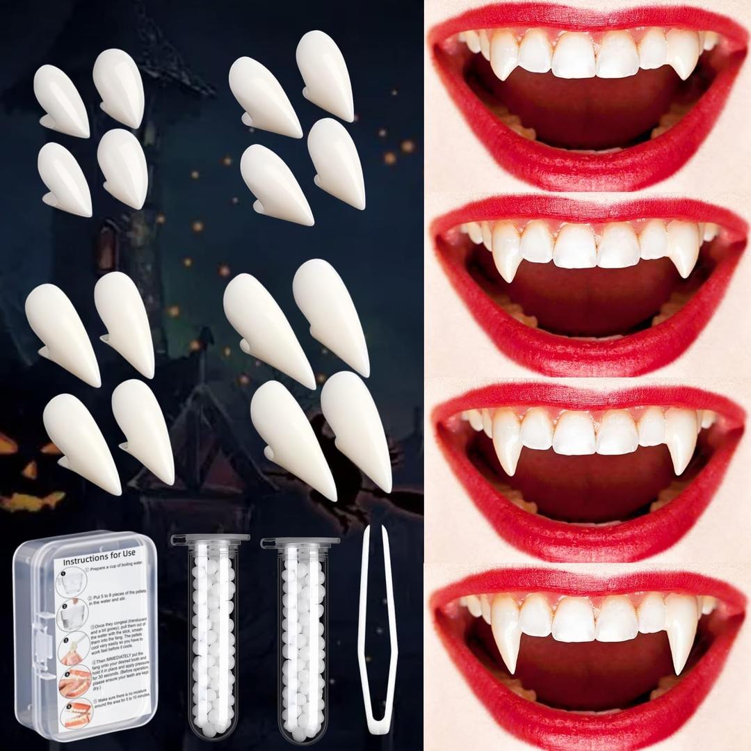 VOVEA Vampire Teeth Fangs, Realistic Vampire Fangs 8 Pairs 4 Sizes Best Value Pack with Adhesive(Practice Needed), Halloween Vampire Accessories Costume Cosplay Fake Vampire Teeth for Adult Halloween (Large 13mm,15mm,17mm,19mm)