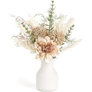 Mkono Small Artificial Flowers in Ceramic Vase 13.5" Centerpieces Coffee Table Decor, Silk Flower Arrangements for Home Decor Indoor Fake Flower Bouquet for Bathroom Dining Room Kitchen Wedding Brown