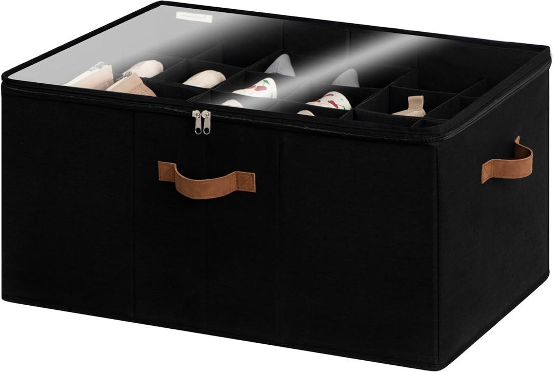 StorageWorks Shoe Organizer for Closet, Fits up to 24 Pairs, Shoe Cubby Storage Containers with Adjustable Dividers and Clear Cover, Black (Large)