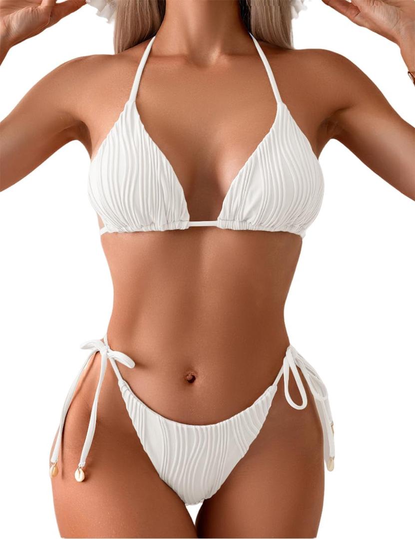 Tainehs Ribbed Two Piece Bikini Sets for Women Sexy Halter Triangle Top Swimsuit String Thong Bathing Suit (Medium, White)