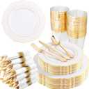 Liacere 350PCS Gold Plastic Plates-Disposable White and Gold Plates 50guest Baroque Plastic Dinnerware include 100Plates, 50Pack Pre Rolled Napkins with Silverware 50Cups for Wedding & Mothers Day