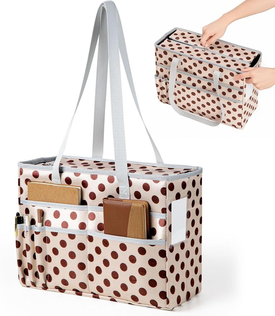 File Organizer Box, Portable Tote Bag Hanging Filing Box Desktop File Folder Document Storage Organizer with Pockets and Handles (Spotted-With Zipper)