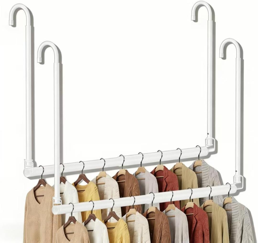 2 Pack Stepless Extender Closet Hanging Rod - Heavy Duty Closet Rods for Hanging Clothes, Adjustable Width & Height, Space-Saving White Closet Organizer for Hanging & Drying, Easy to Install
