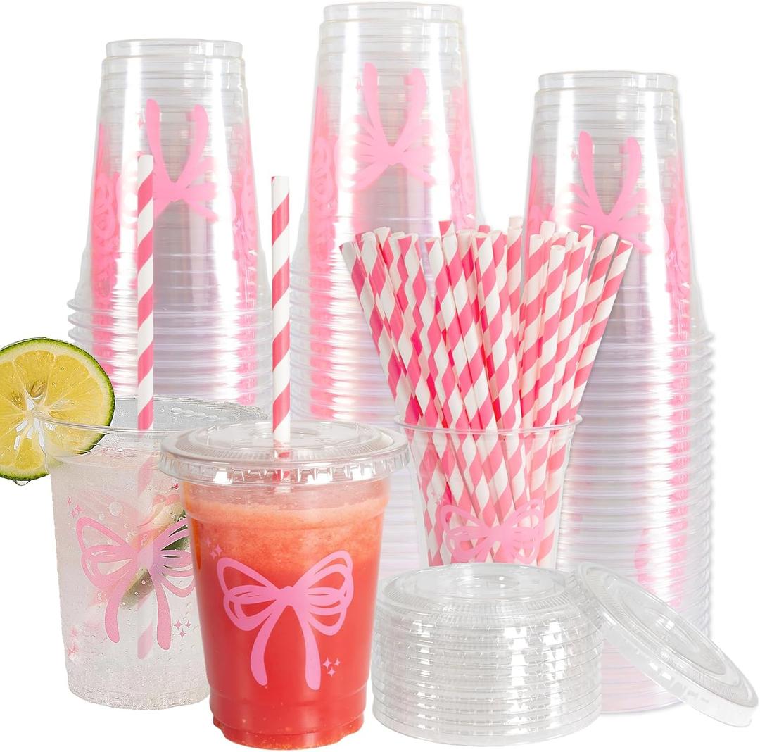 50 Pcs 12oz Pink Bow Cups Disposable Pink Cute Plastic Cups with Lids And Straws for Pink Bow Party Birthday Decorations