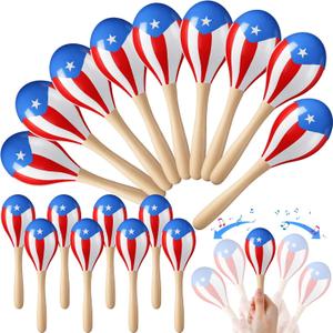 12 Pcs Puerto Rico Flag Wooden Maracas 7.6" Large Musical Shakers for Fiesta, Party Favors, Decorations, Cultural Events & Festive Celebrations