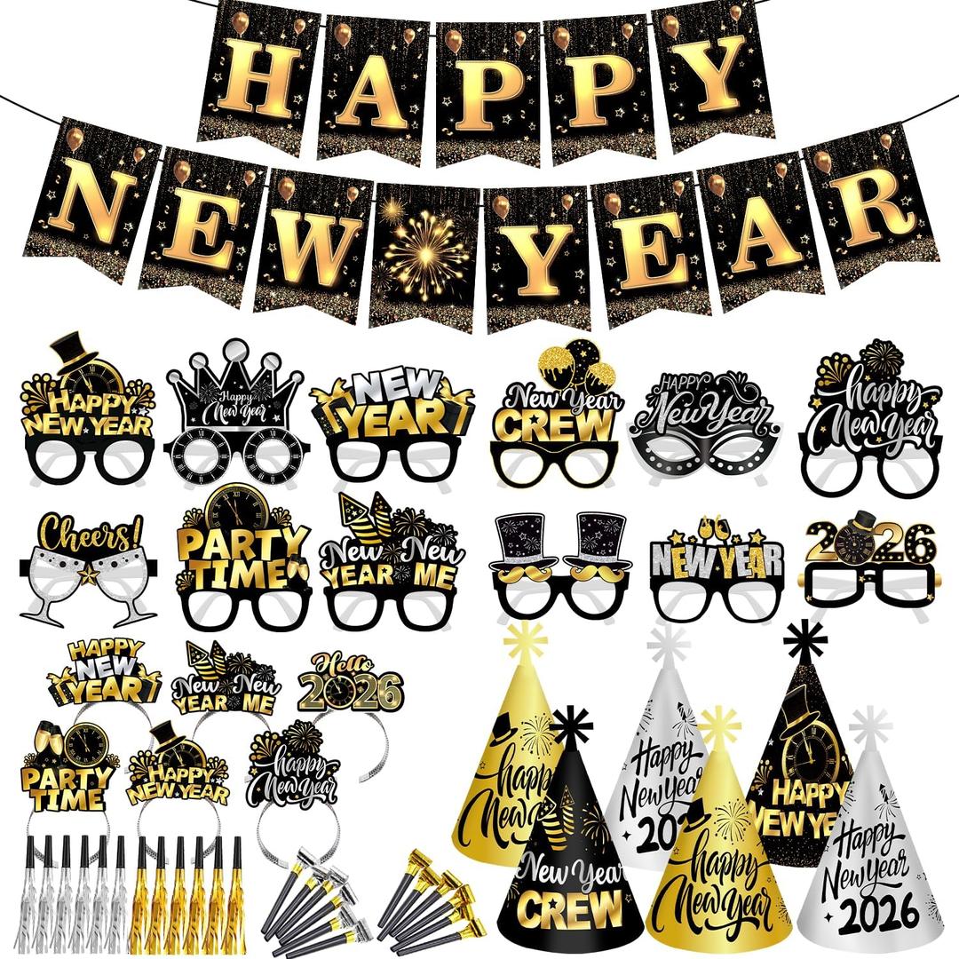 Happy New Year Party Supplies 2026, 49pcs New Years Party Favors Set Includes New Years Paper Hats, Headband, Eyeglasses, Blowouts, Banner for New Year's Eve Party