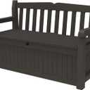 Keter Solana 70 Gallon Storage Bench Deck Box for Patio Furniture, Front Porch Decor and Outdoor Seating  Perfect to Store Garden Tools, Brown/Brown