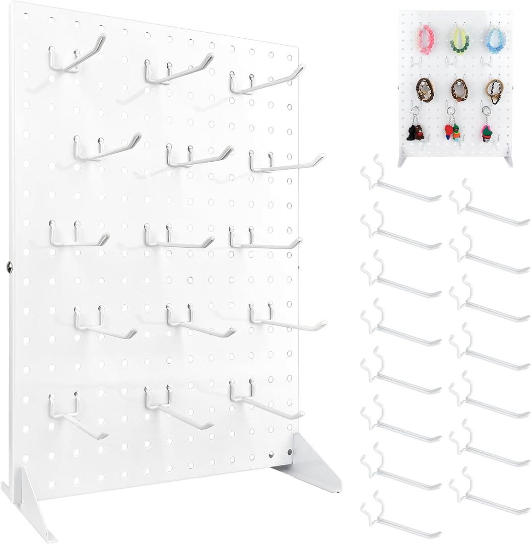 Metal Pegboard Display Stand with 15 Peg Hooks for Craft Shows & Fairs, Jewelry Retail Display Rack for Selling Accessories,Display Stands for Earring,Pin Stands,Retail Vendors(17*13inch,White)