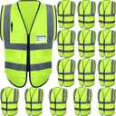 JaGely 15 Pack Reflective Safety Vests with Pockets and Zipper Construction Work High Visibility Vest for Men Women(Medium,Fluorescent Green)