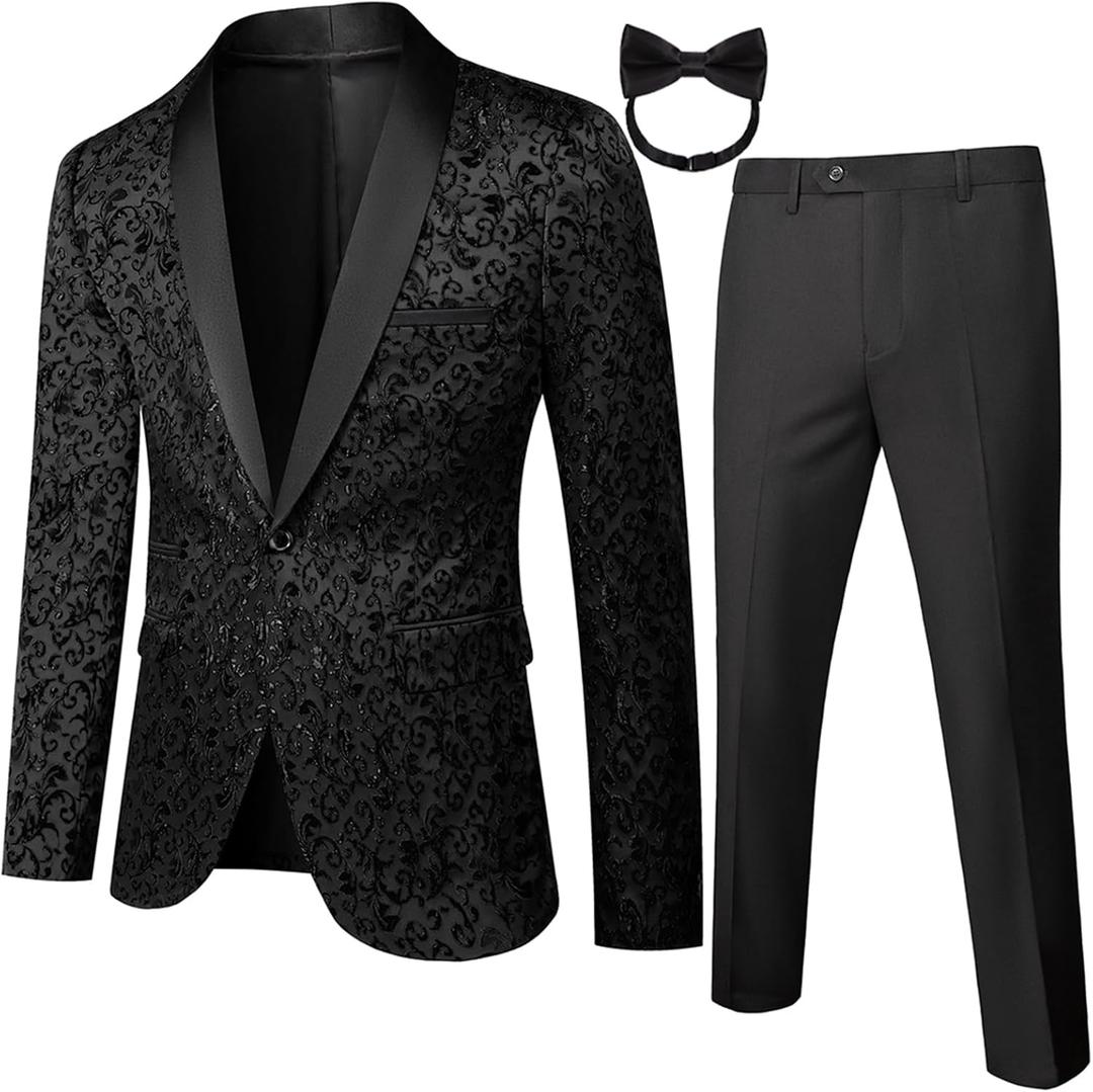 Mens Tuxedo Black Floral 2 Piece for Prom Wedding Party Suit Jacket Pants Slim Fit Shawl Lapel. Size M