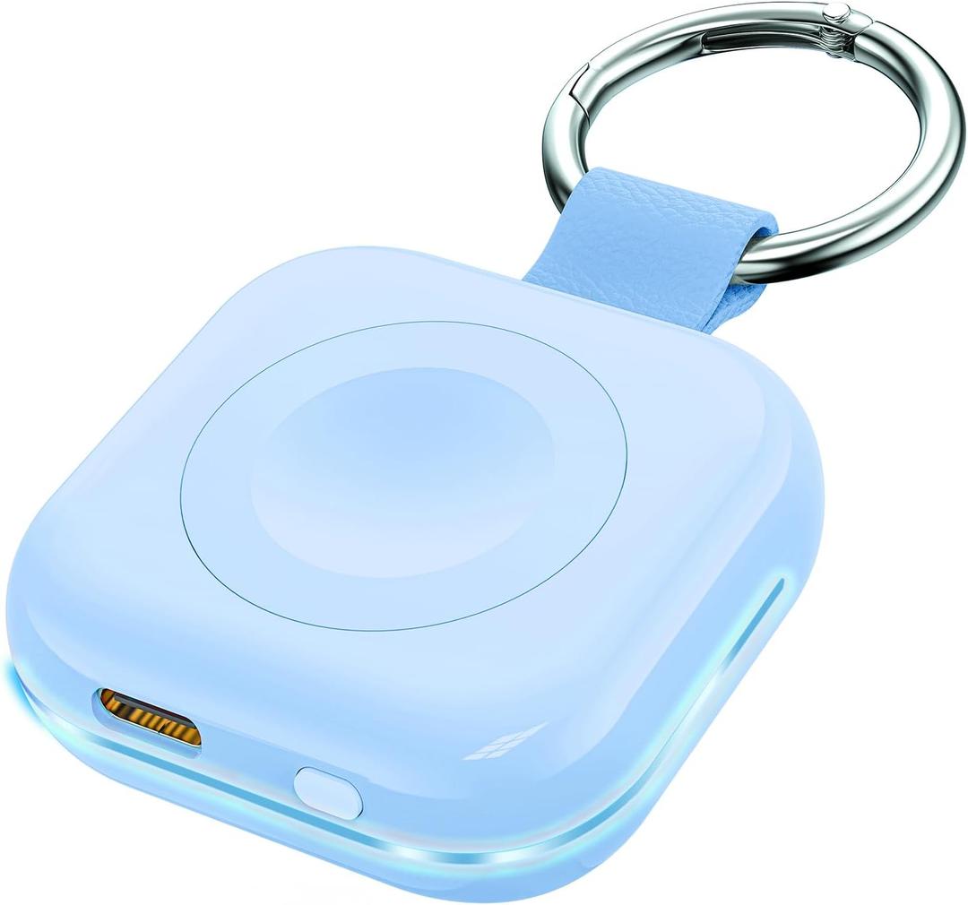 HUOTO Charging Adapter, 1200mAh Battery Powered Portable Wireless Charger for Apple Watch Series 9/8/7/6/SE/5/4/3/2/1 Ultra, Keychain USB-C Charger, Gifts for Women Man (Blue)