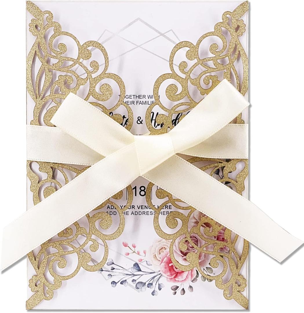 50Pcs Laser Cut Wedding Invitation With Glitter Envelopes And Ribbons Blank Personalized Card Invitaciones Para quinceaera Birthday Baby Shower Christmas Party Bridal Shower (Gold)