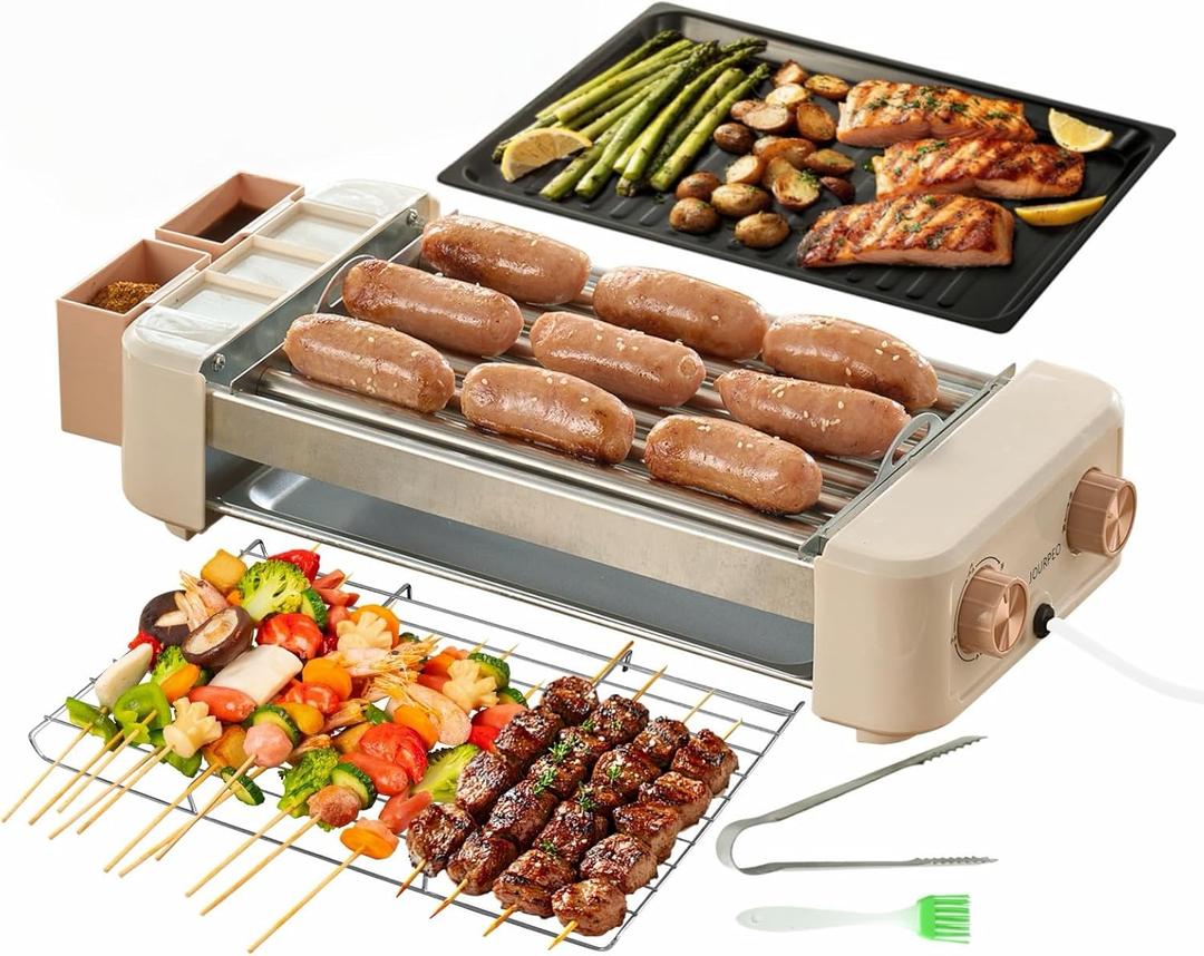 Electric Hot Dog Roller 6 Rollers,3 in 1 Indoor Grills Portable with Non-stick & Smokeless Removable Grill & BBQ Griddle Plate,Stainless Sausage Grill Cooker Machine, for Family party Use (Basic)
