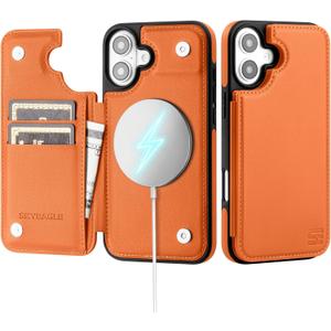 SkyEagle Compatible with Magsafe for iPhone 16 Plus Wallet Case with Card Holder,Women Men Phone Case PU Leather Kickstand Flip Protective Shockproof Cover Credit Card Slots for Apple 16 Plus,Orange