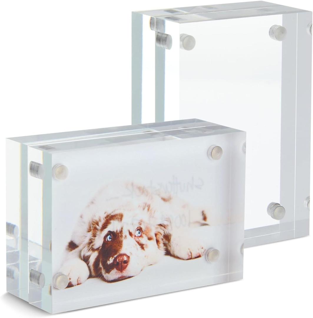 Juvale Magnetic Acrylic Picture Frame - 3 x 2 x 1.2 in Wallet-Size, Clear Polished - Mini Photo Frames Set of 2 for Tabletop & Desktop Photo Display